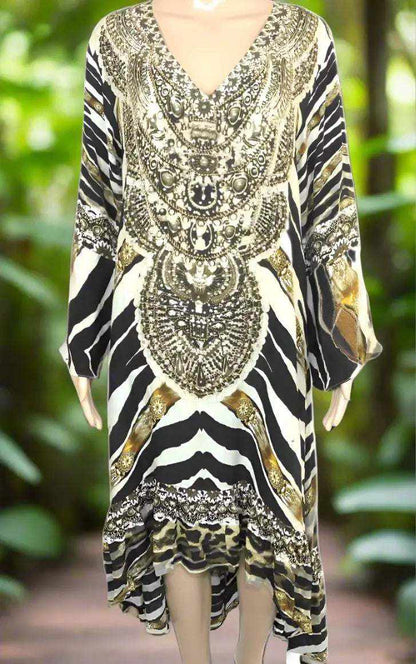 Silk Hi-Low Frill Dress with animal print, hand-sewn beadwork, V-neck, long split sleeves, and frilled hi-low hemline