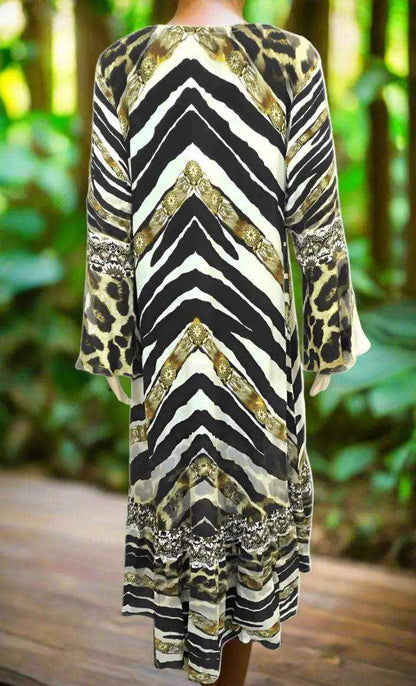 Silk Hi-Low Frill Dress with animal print, hand-sewn beadwork, and long split sleeves.