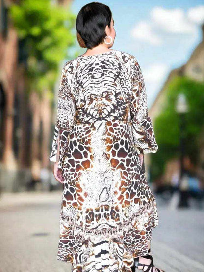 Woman wearing animal print Silk Hi-Low Frill Dress with long split sleeves walking outdoors