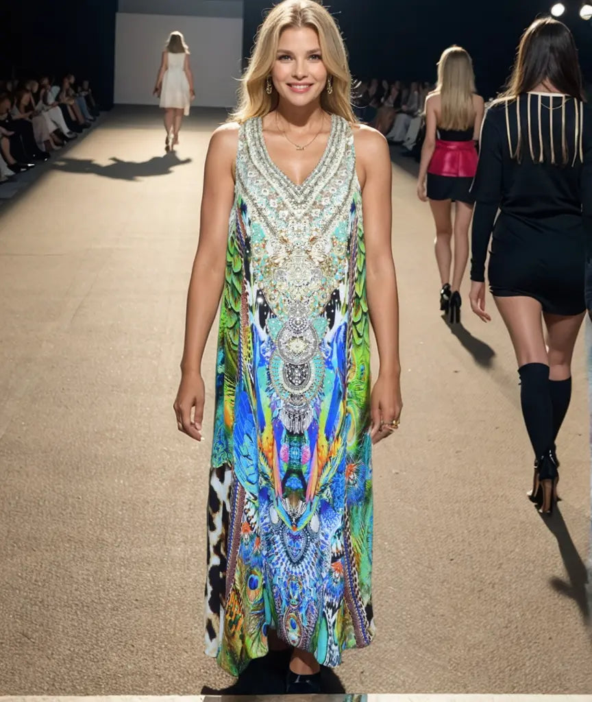 Model wearing a long silk racerback maxi dress with a vibrant peacock feather print and jeweled neckline.