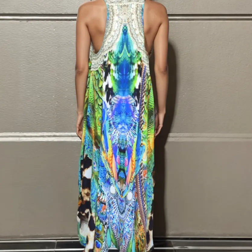 Silk Racerback Maxi Dress - Peacock Animal Print Kaftan | Kaftans that Bling