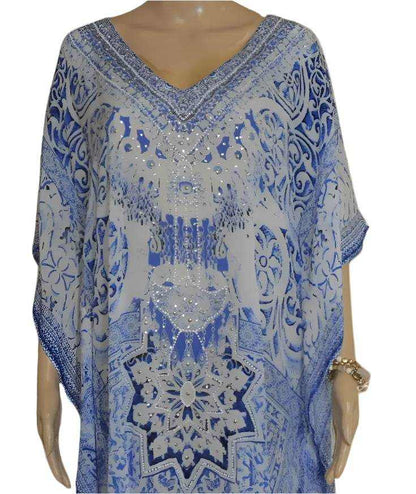 blue and white Garden Short Silk Embellished Kaftan with handsewn beadwork and V-neck by Fashion Spectrum