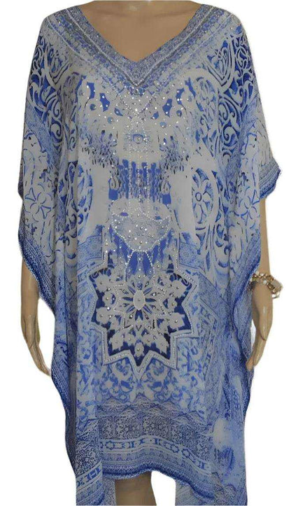 blue and white Garden Short Silk Embellished Kaftan with handsewn beadwork and V-neck by Fashion Spectrum