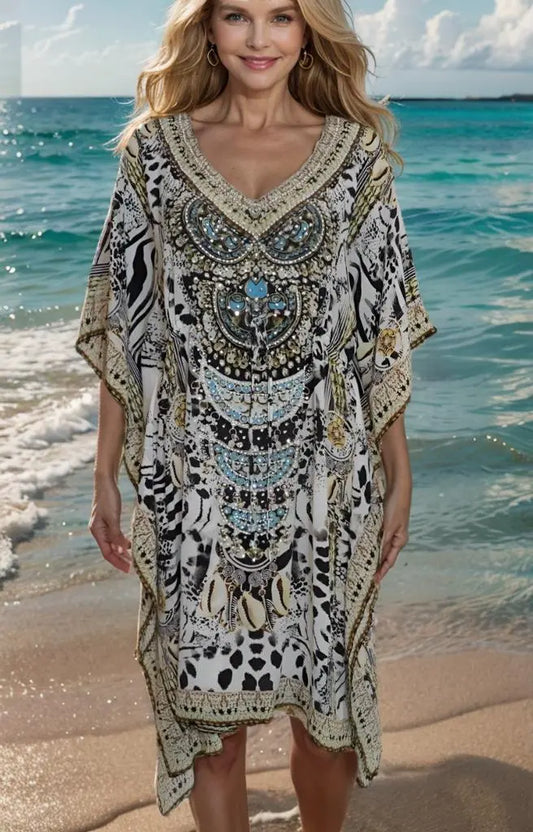 Short silk embellished drawstring Kaftan Safari Blue 