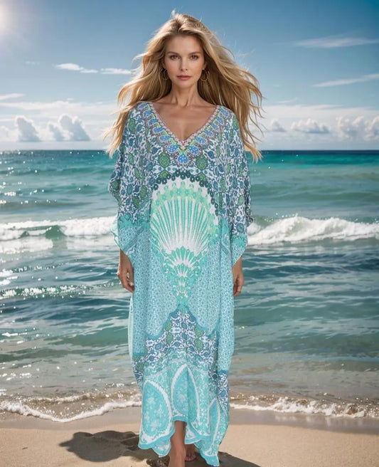 Long Silk Embellished Kaftan- Eden