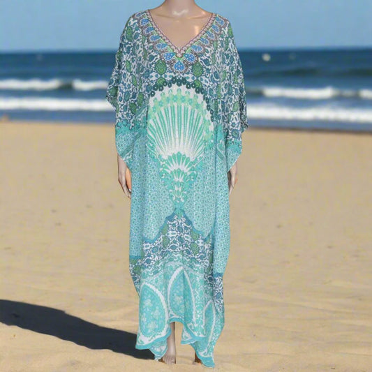 Long Silk Embellished Kaftan- Eden