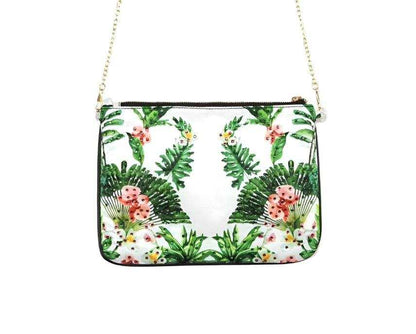 Embellished Clutch with banana palm print, silky fabric, gold chain, and zipper closure by Kaftans that Bling