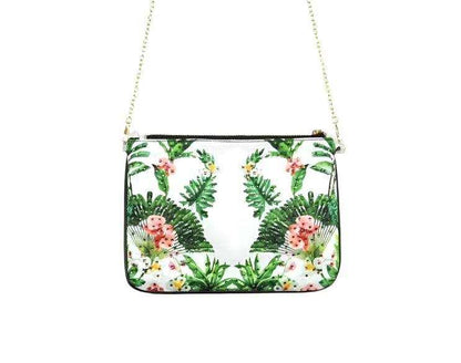 Embellished clutch with banana palm print, zipper closure, and detachable gold chain by Kaftans that Bling