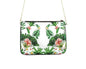 Embellished Clutch with banana palm print, silky fabric, gold chain, and zipper closure by Kaftans that Bling