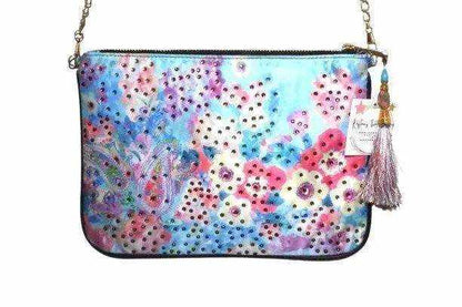 Embellished Clutch with floral print, gold chain, tassel zipper, and silky fabric by Kaftans that Bling