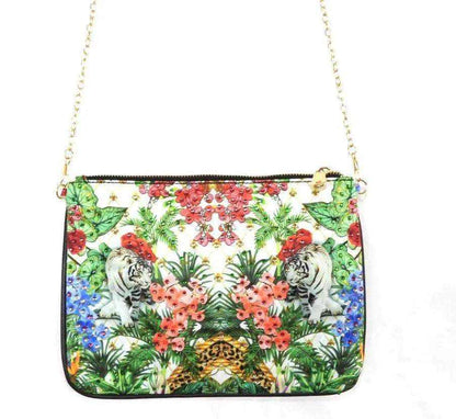 Embellished clutch with exotic animal and floral print, silky fabric, detachable gold chain, zipper closure, 26x18cm by Kaftans that Bling