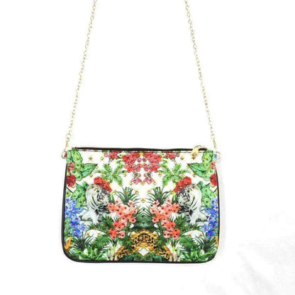 Embellished clutch with exotic tropical print, gold chain, zipper closure, silky fabric, versatile crossbody or handheld bag by Kaftans that Bling.