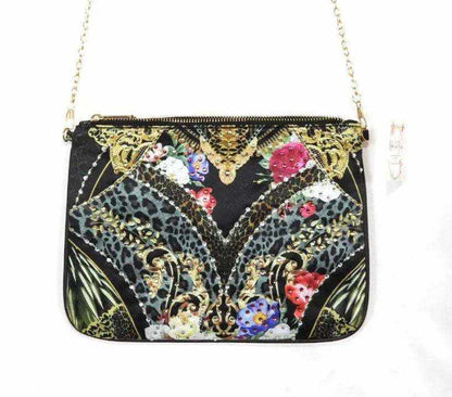 Embellished clutch with floral and leopard print, gold chain, zipper enclosure, silky fabric by Kaftans that Bling