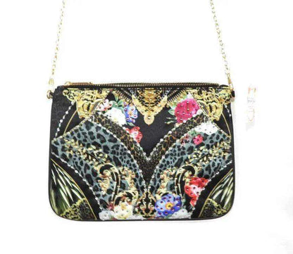 Embellished clutch with enchanted rose print, gold chain, zipper enclosure, silky fabric by Kaftans that Bling