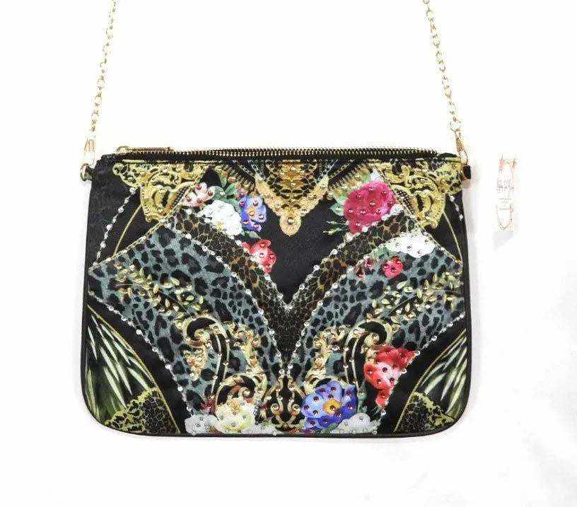 Embellished clutch with floral and leopard print, gold chain, zipper enclosure, silky fabric by Kaftans that Bling