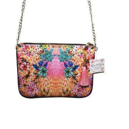 Embellished clutch bag with hibiscus print, gold chain, zipper, and tassel by Kaftans that Bling