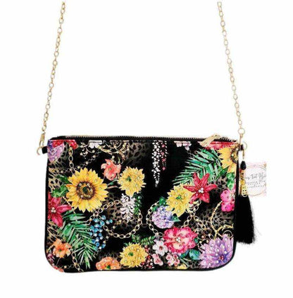 Embellished clutch black floral print with gold chain and zipper closure by Kaftans that Bling