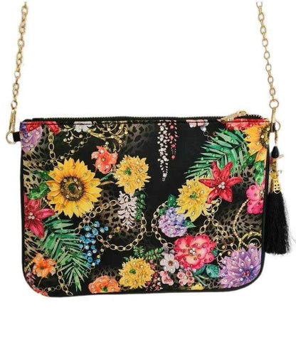 Embellished clutch black floral print with gold chain and zipper by Kaftans that Bling