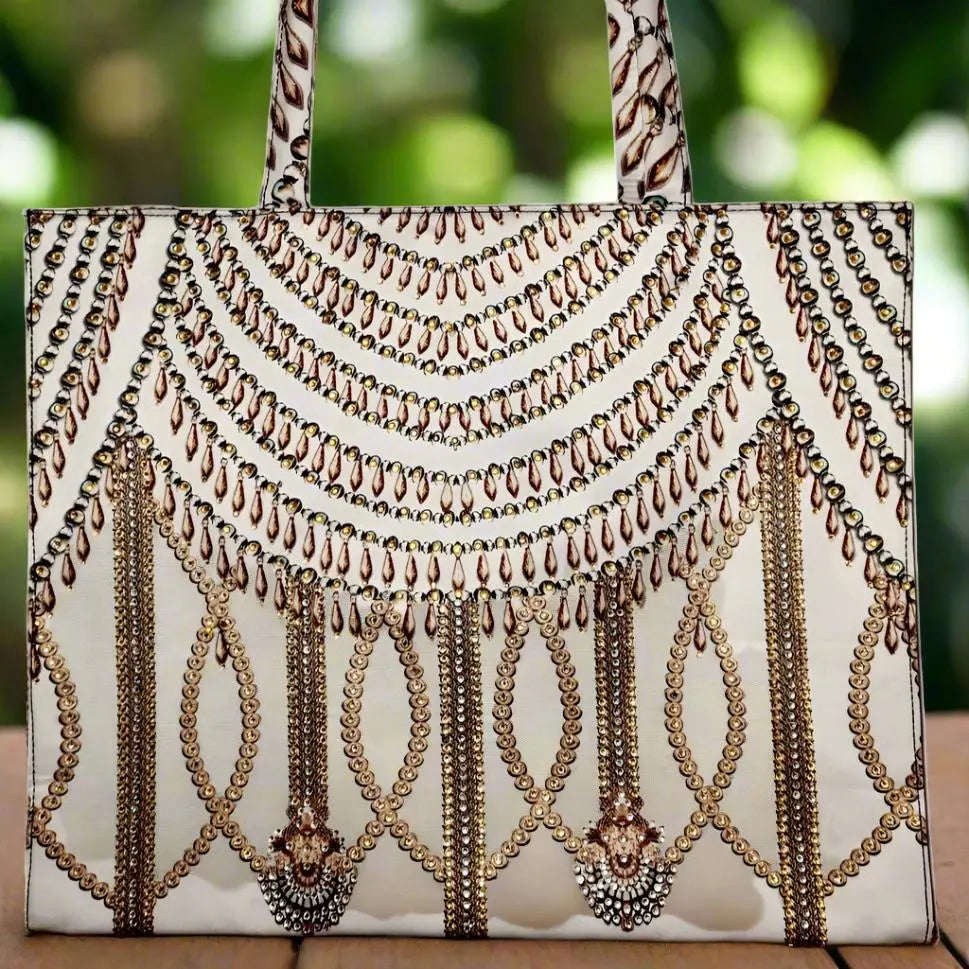 Glitz Glam White Embellished Tote Bag-by Kaftans that Bling