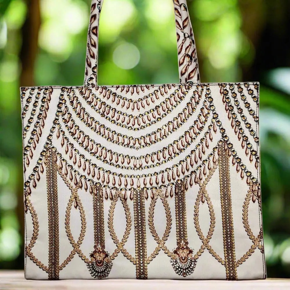 Glitz Glam White Embellished Tote Bag-by Kaftans that Bling