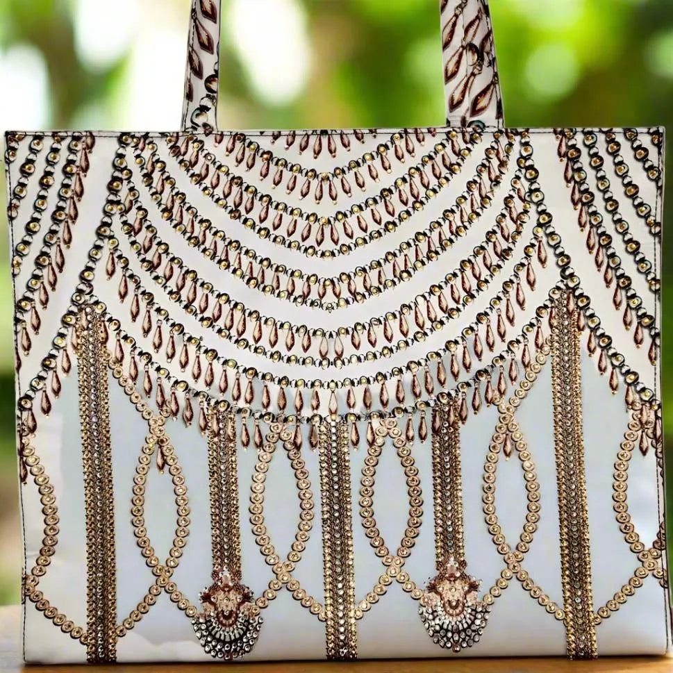 Glitz Glam White Embellished Tote Bag-by Kaftans that Bling