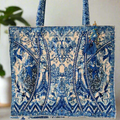 Large Embellished Tote Bag with intricate blue and white patterned design and padded handles