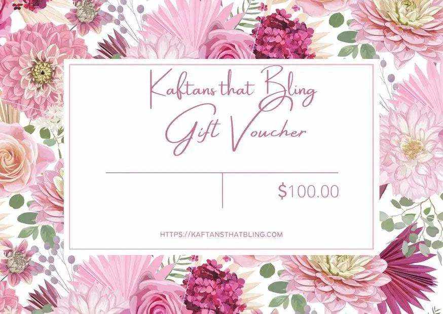 Kaftans that Bling gift card with floral background and $100 value for fashion gifts