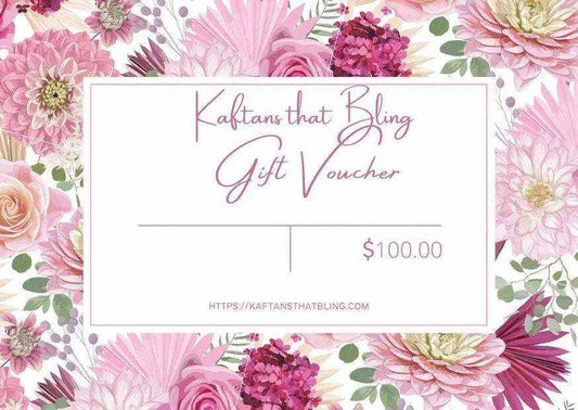 Kaftans that Bling gift card with floral background and $100 value for fashion gifts