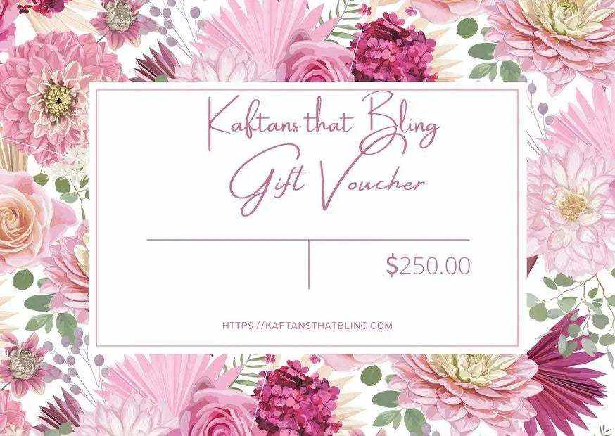 Kaftans that Bling gift card with floral background and $250 value for stylish gift choice
