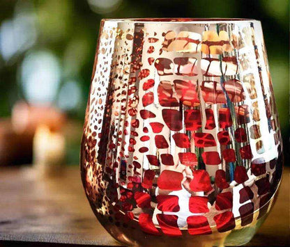 Jumbo Red Gold Croc Print deluxe soy candle in red and gold geometric croc patterned glass jar