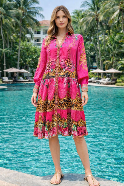 Collar embellished frill dress Leopard Fantasy Pink by KTB