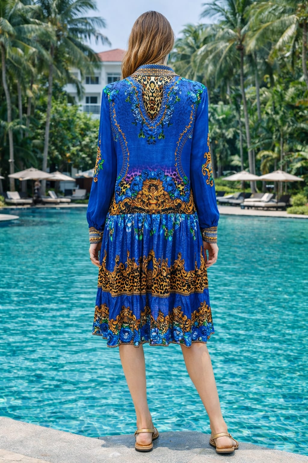 Collar embellished frill dress Leopard Fantasy Blue by KTB
