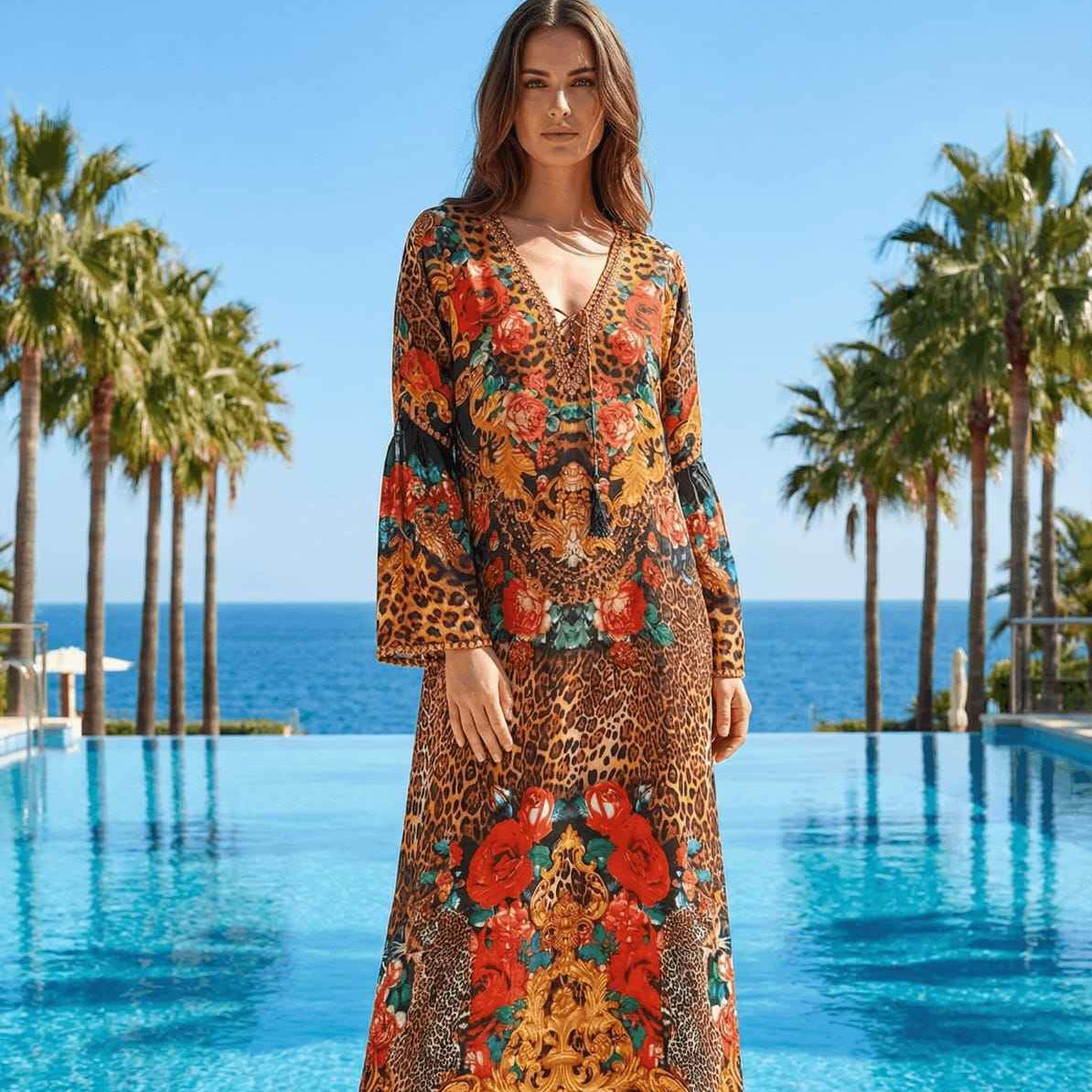 Maxi dress with flared sleeve Fantasy Leopard