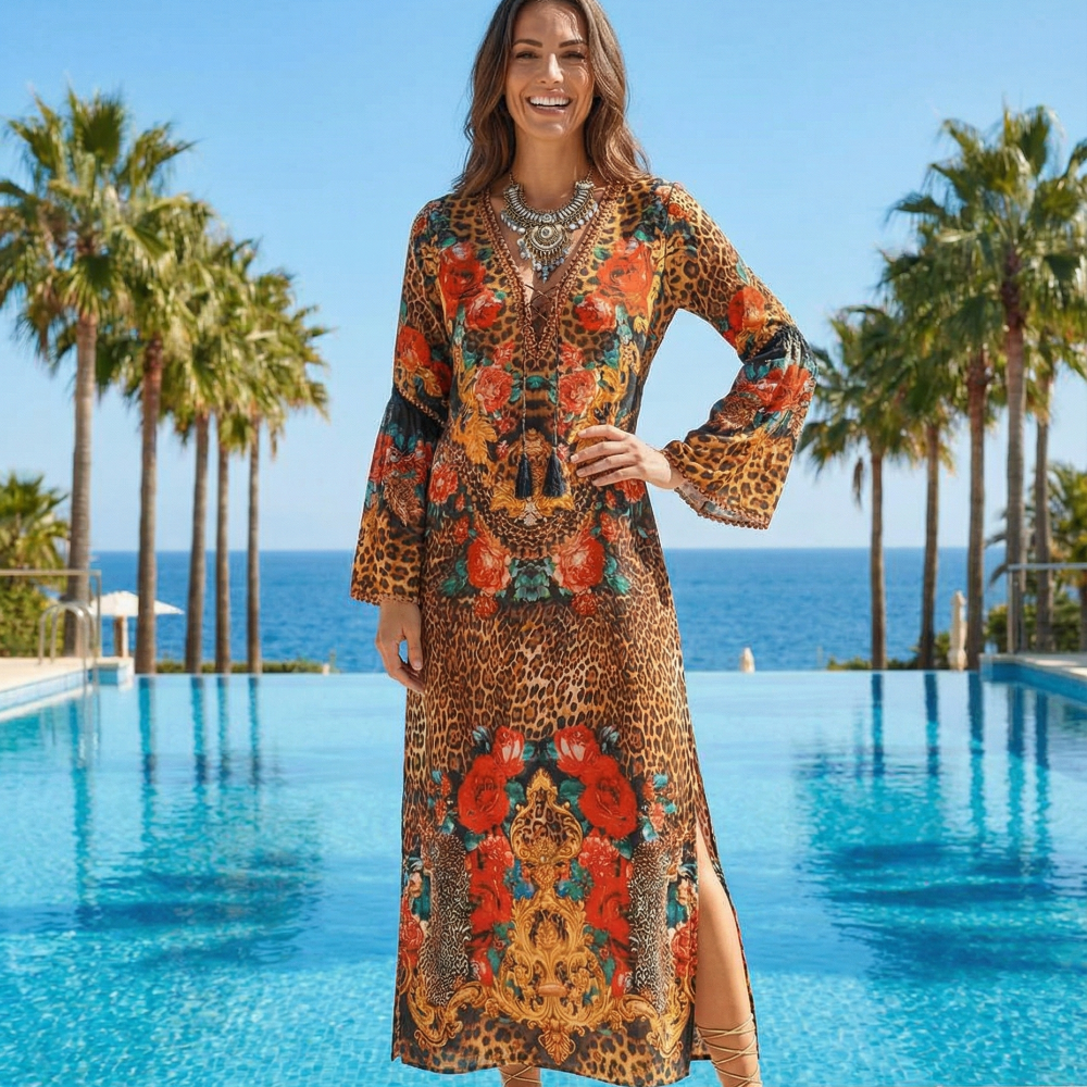 Maxi dress with flared sleeve Fantasy Leopard by KTB