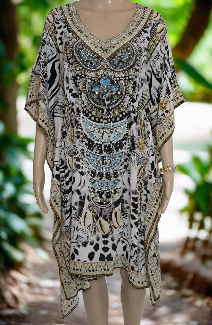 Kalpony short silk embellished drawstring Kaftan - by Fashion Spectrum - Kaftans that Bling