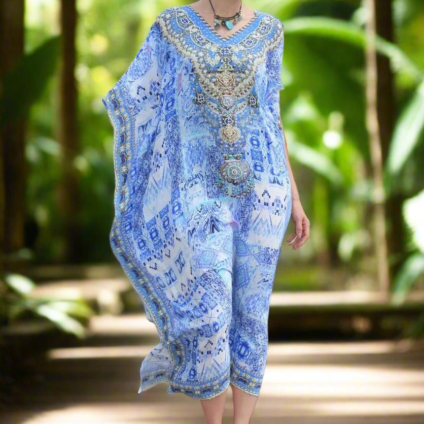 femme fatale long silk embellished kaftan by fashion spectrum