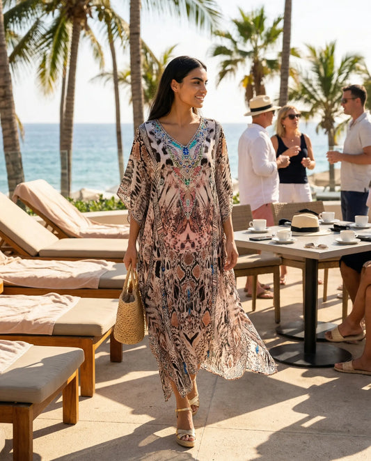 Long Embellished Silk Kaftan Cobra