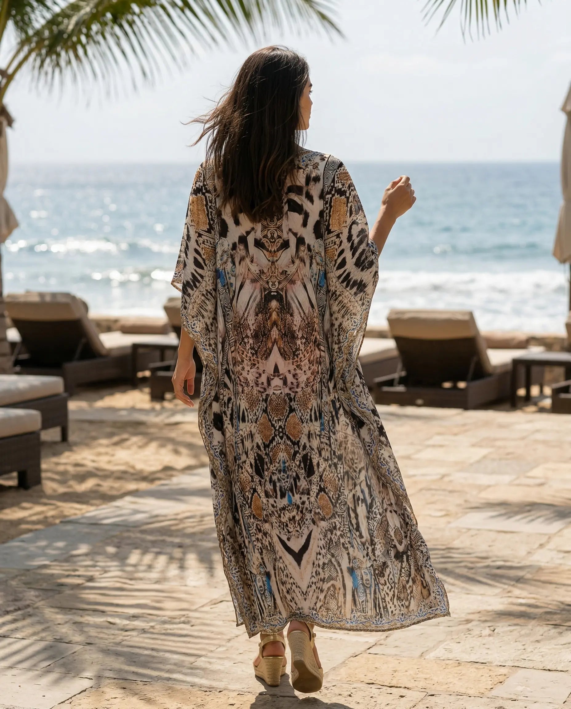 Long Embellished Silk Kaftan Cobra