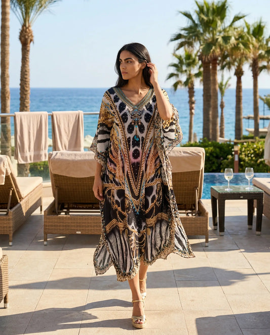 Long Embellished Silk Kaftan Ibis