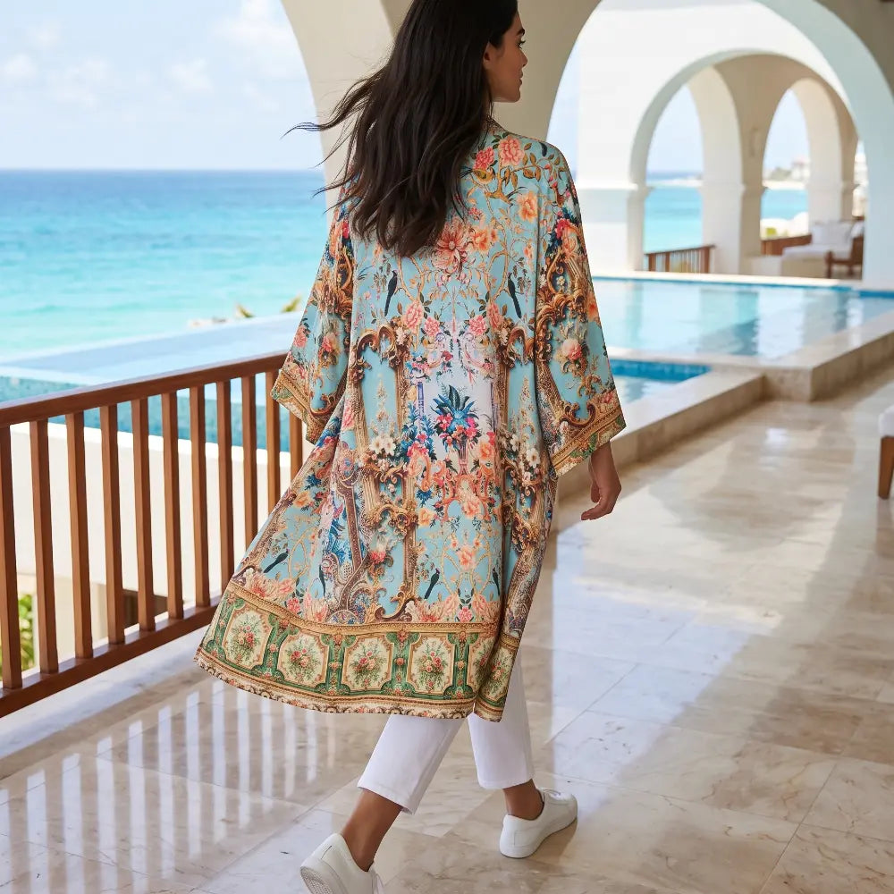Long Embellished Silky Kimono Baroque