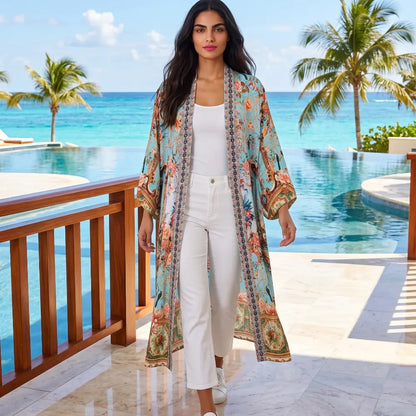Long Embellished Silky Kimono Baroque