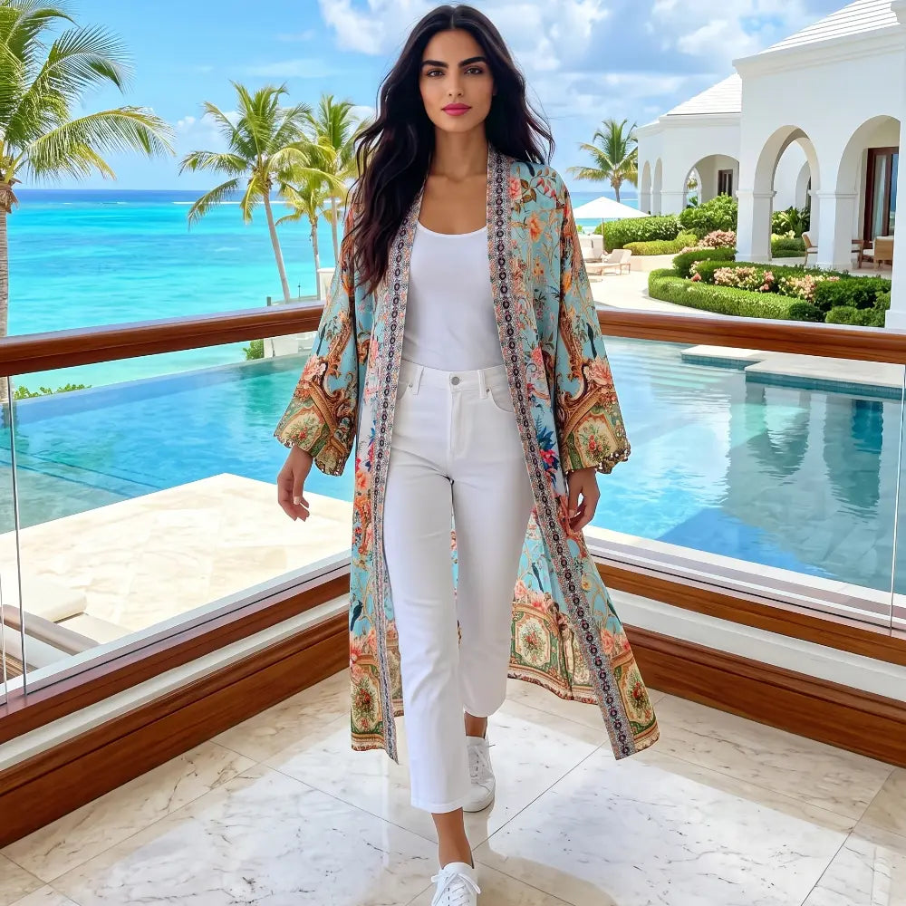 Long Embellished Silky Kimono Baroque