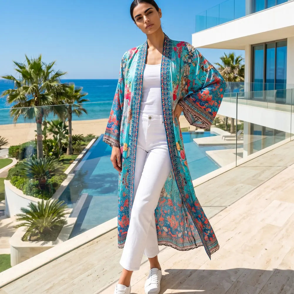 Long Embellished Silky Kimono