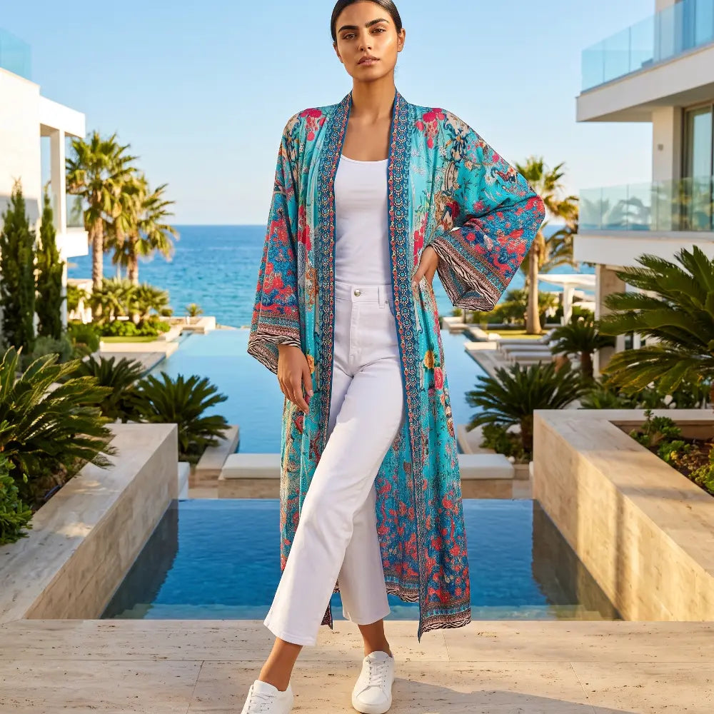 Long Embellished Silky Kimono