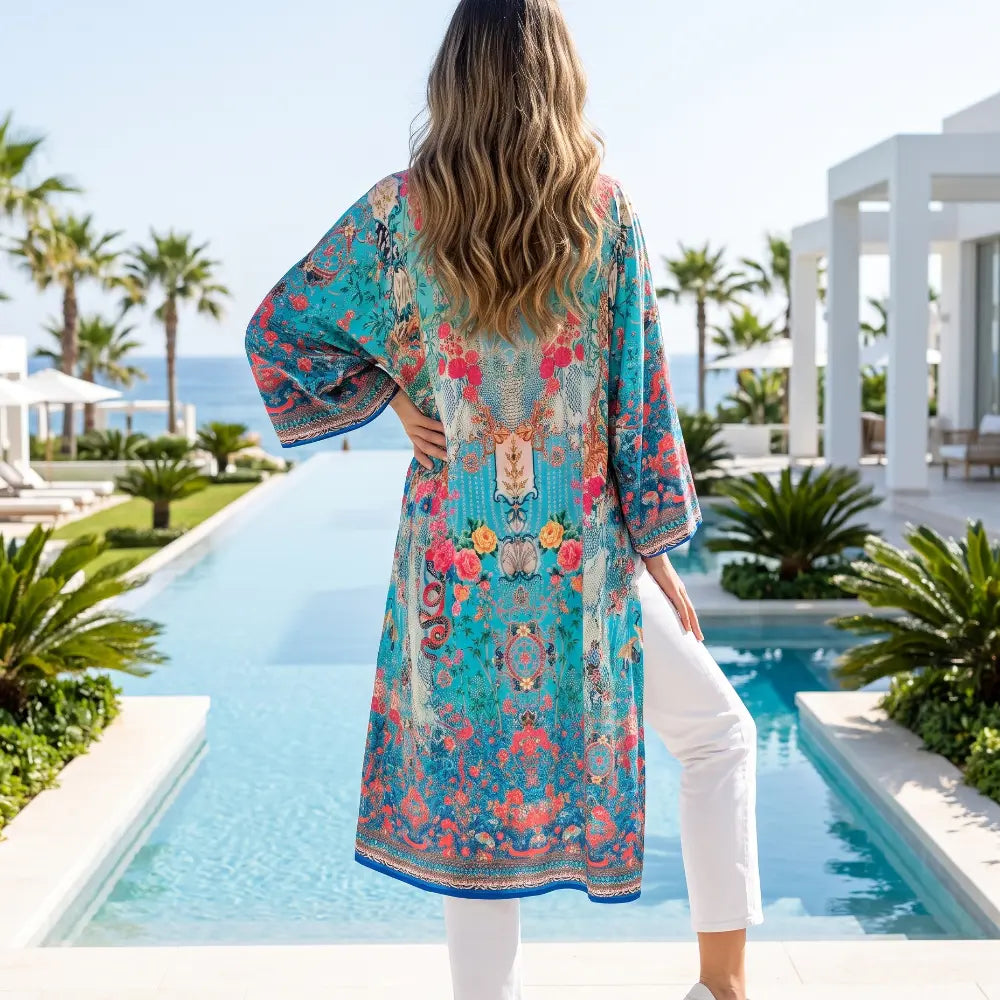 Long Embellished Silky Kimono