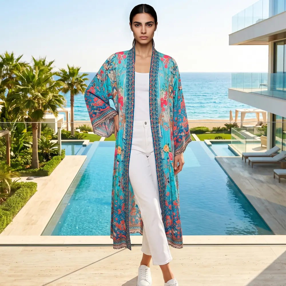 Long Embellished Silky Kimono