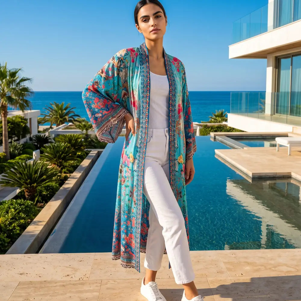 Long Embellished Silky Kimono