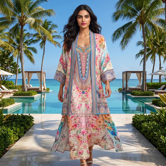 short Embellished Silky Kimono
