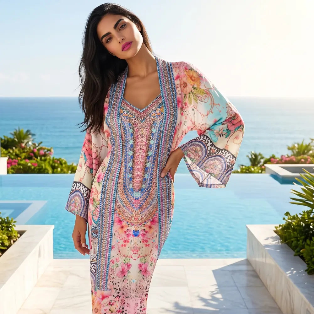 short Embellished Silky Kimono