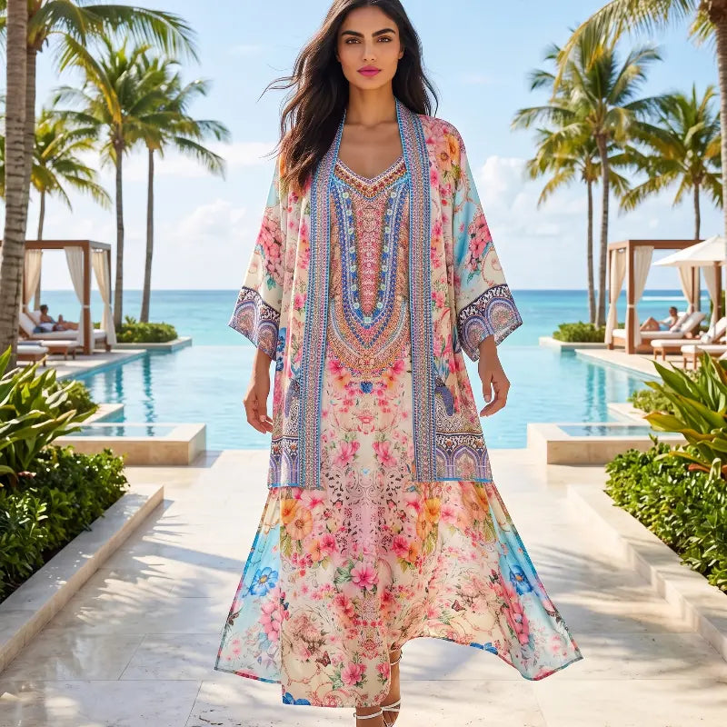 short Embellished Silky Kimono